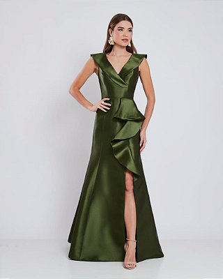 VESTIDO LONGO ZIBELINE COM DETALHE NO DECOTE DETALHE BABADO ABAIXO DA CINTURA VERDE OLIVA
