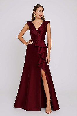 VESTIDO LONGO ZIBELINE COM DETALHE NO DECOTE DETALHE BABADO ABAIXO DA CINTURA MARSALA