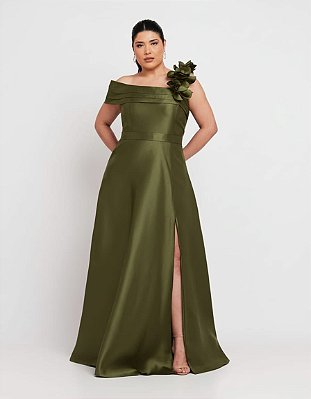 VESTIDO LONGO ZIBELINE COM DETALHE CAMADAS NO OMBRO E ALÇA DETALHE PÉTALAS VERDE ESMERALDA