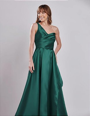 VESTIDO ZIBELINE OMBRO SÓ COM DETALHE DRAPEADO NO BUSTO  DECOTE V VERDE ESMERALDA
