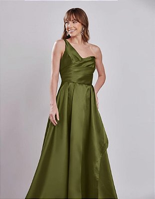 VESTIDO ZIBELINE OMBRO SÓ COM DETALHE DRAPEADO NO BUSTO  DECOTE V VERDE OLIVA
