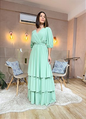 VESTIDO LONGO CREPE DE SEDA DECOTE V MANGA TRÊS QUARTOS COM FAIXA VERDE MENTA