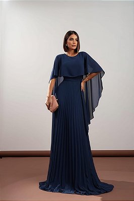 VESTIDO LONGO PLISSADO COM MANGA CAPA AZUL MARINHO