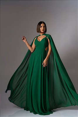 VESTIDO LONGO CREPE ALÇA FINA COM RECORTE NA CINTURA E CAPA REMOVIVEL VERDE ESMERALDA AX