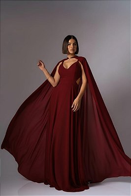 VESTIDO LONGO CREPE ALÇA FINA COM RECORTE NA CINTURA E CAPA REMOVIVEL MARSALA