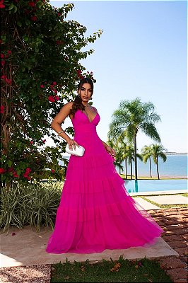 VESTIDO LONGO MICROTULLE ALÇA FINA 3 MARIAS FUCSIA