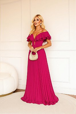 VESTIDO LONGO SAIA PLISSADA DETALHE TULE NO DECOTE E BABADO PLISSADO FUCSIA
