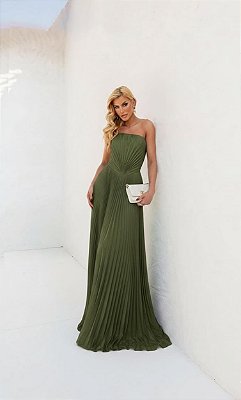 VESTIDO PLISSADO TOMARA QUE CAIA DETALHE V NA CINTURA VERDE OLIVA