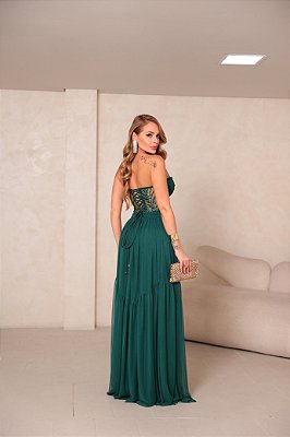 VESTIDO MICROTULE TOMARA QUE CAIA CORPETE COM BORDADO DETALHE DRAPEADO NO BUSTO VERDE ESMERALDA