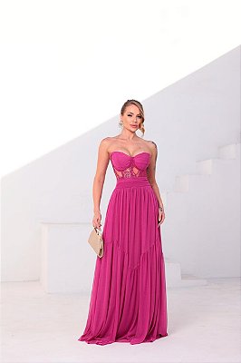 VESTIDO MICROTULE TOMARA QUE CAIA CORPETE COM BORDADO DETALHE DRAPEADO NO BUSTO FUCSIA