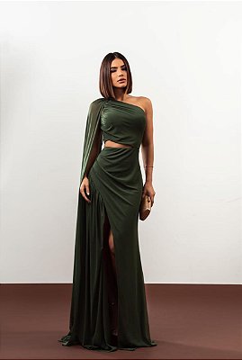 VESTIDO MICROTULE OMBRO SÓ MANGA CAPA ABERTURA NA LATERAL VERDE PETRÓLEO