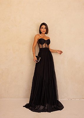 VESTIDO MICROTULE TOMARA QUE CAIA CORPETE COM BORDADO DETALHE DRAPEADO NO BUSTO PRETO