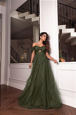 VESTIDO LONGO MICROTULLE OMBRO A OMBRO  CAMADAS VERTICAIS VERDE OLIVA