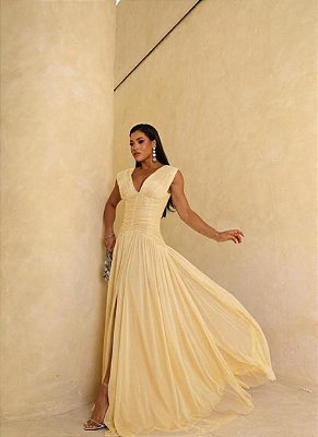 VESTIDO MICROTULE CORPETE MICROTULE AMARELO MANTEIGA