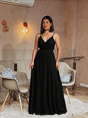 VESTIDO LONGO MICROTULE DE ALCINHA DRAPEADO NO BUSTO COM DETALHE ABAIXO DO BUSTO PRETO