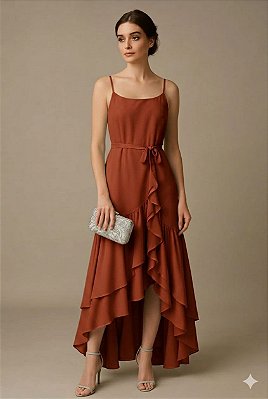 VESTIDO CREPE SEDA COM DETALHE NA ALÇA SAIA COM BABADOS TERRACOTA