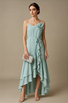 VESTIDO CREPE SEDA COM DETALHE NA ALÇA SAIA COM BABADOS AZUL TIFFANY