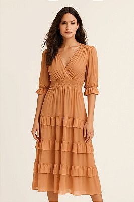 VESTIDO LONGO CHIFFON MANGA LONGA DECOTE V SAIA COM BABADOS E PUNHO BEGE