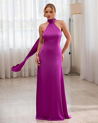 VESTIDO LONGO GOLA ALTA SEDA COM AMARRAÇÃO COSTA NUA FUCSIA