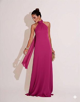 VESTIDO LONGO GOLA ALTA SEDA COM AMARRAÇÃO COSTA NUA  FUCSIA