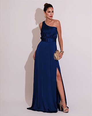VESTIDO LONGO SEDA OMBRO SÓ COM CORTE GODÊ  CINTO AZUL ROYAL