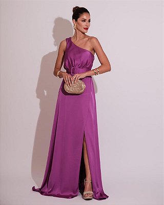 VESTIDO LONGO SEDA OMBRO SÓ COM CORTE GODÊ  CINTO FUCSIA