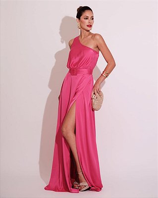 VESTIDO LONGO SEDA OMBRO SÓ COM CORTE GODÊ  CINTO PINK