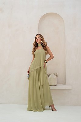 VESTIDO LONGO CREPE SEDA FLUIDO COM DETALHE CAMADA ACIMA DA SAIA VERDE OLIVA