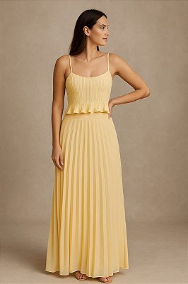 VESTIDO PLISSADO DE ALCINHA COM CAMISETA SOBREPOSTA AMARELO MANTEIGA