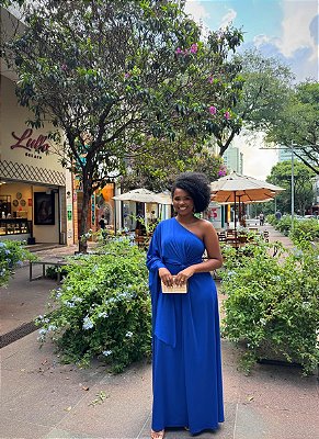 VESTIDO LONGO JERSEY UM OMBRO SÓ MANGA LONGA COM FENDA FRONTAL DETALHE NÓ AZUL ROYAL