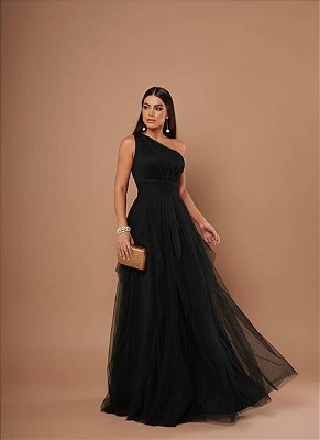 VESTIDO LONGO MICROTULE UM OMBRO SÓ PALA CINTURA SAIA EM CAMADAS VERTICAIS PRETO