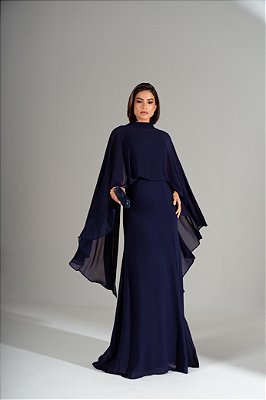 VESTIDO CREPE ALCINHA COM DECOTE V CAPA GOLA ALTA AZUL MARINHO