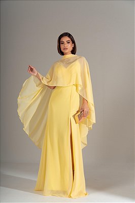 VESTIDO CREPE ALCINHA COM DECOTE V CAPA GOLA ALTA AMARELO