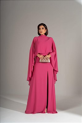 VESTIDO CREPE ALCINHA COM DECOTE V CAPA GOLA ALTA PINK
