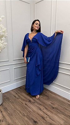 VESTIDO CREPE COM MANGA CAPA DETALHE TULE NO DECOTE DRAPEADO NA LATERAL AZUL BIC