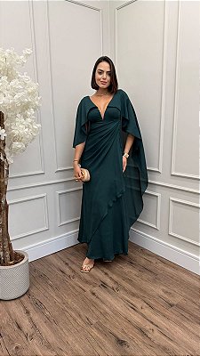 VESTIDO CREPE COM MANGA CAPA DETALHE TULE NO DECOTE DRAPEADO NA LATERAL VERDE ESMERALDA
