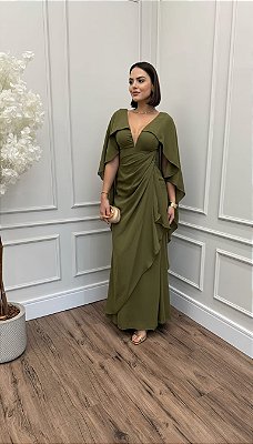 VESTIDO CREPE COM MANGA CAPA DETALHE TULE NO DECOTE DRAPEADO NA LATERAL VERDE OLIVA