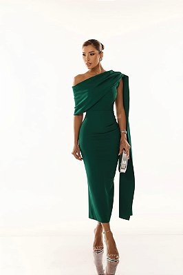 VESTIDO MIDI PRADA COM ELASTANO OMBRO A OMBRO COM CAPA VERDE ESMERALDA