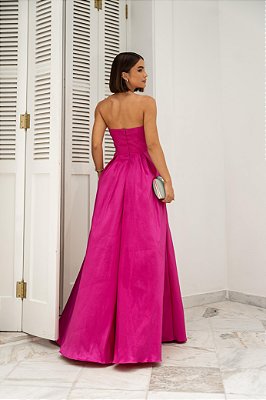 VESTIDO ZIBELINE TOMARA QUE CAIA DECOTE EM V COM BUSTO DRAPEADO FUCSIA