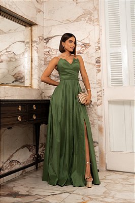VESTIDO ZIBELINE TOMARA QUE CAIA DECOTE EM V COM BUSTO DRAPEADO VERDE OLIVA