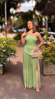 VESTIDO TOMARA QUE CAIA CREPE COM SAIA DE TULE VERDE