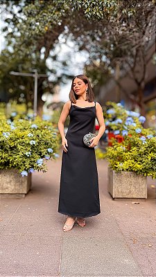 VESTIDO NEW MIDI CREPE SEDA COM ALCINHA LISO PRETO