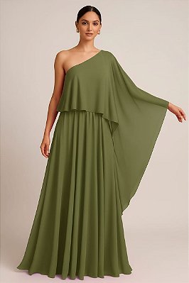 VESTIDO LONGO MICROTULE OMBRO SÓ  COM DETALHE CAPA VERDE OLIVA