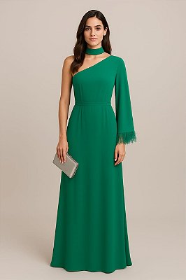VESTIDO LONGO OMBRO SÓ COM DETALHE PLUMA NA MANGA VERDE ESMERALDA