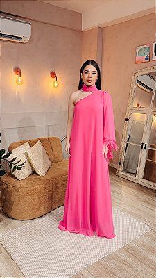 VESTIDO LONGO OMBRO SÓ COM DETALHE PLUMA NA MANGA PINK