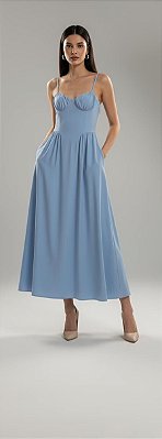 VESTIDO ALFAIATARIA NEW MIDI PRETO ALCINHA COM CINTURA BAIXA AZUL SERENITY