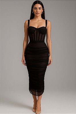 VESTIDO MIDI MICROTULE MODELO CORPETE SAIA DRAPEADA NAS LATERAIS PRETO