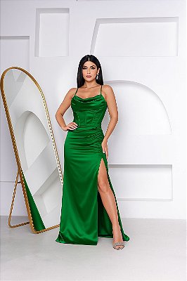 VESTIDO LONGO PRADA COM ELASTANO ALCINHA COM AMARRAÇÃO NAS  COSTAS FENDA LATERAL VERDE ESMERALDA