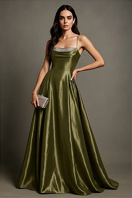 VESTIDO ZIBELINE GLOW DE ALCINHA COM PALA E BRILHO NO BUSTO VERDE OLIVA