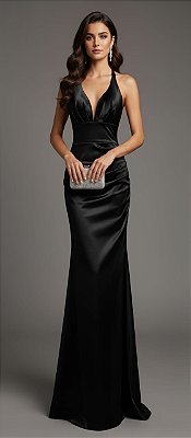 VESTIDO PRADA COM ELASTANO ALÇA  BRILHO E LAÇO COM DRAPEADO NO DECOTE E LATERAL PRETO